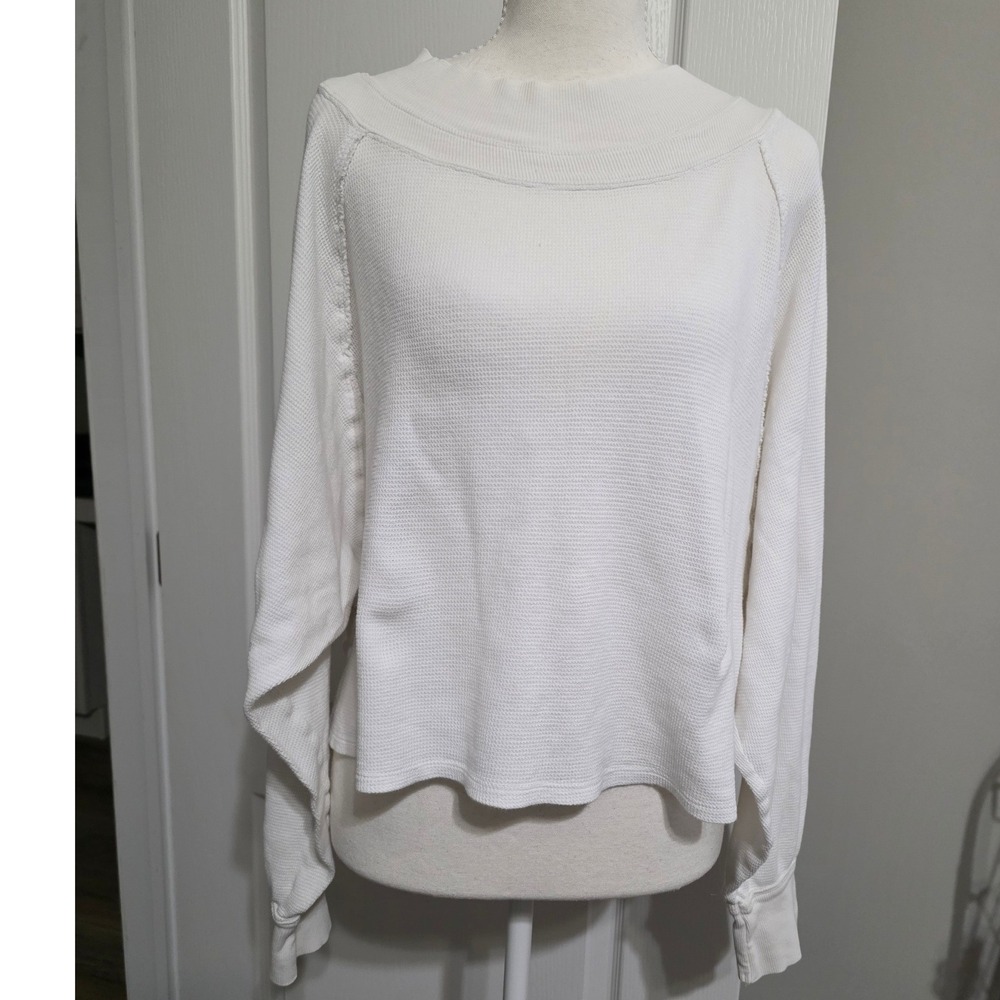 We The Free People Arlo Thermal Top Women L White Waffle Knit Long Sleeve Lounge - Picture 1 of 11